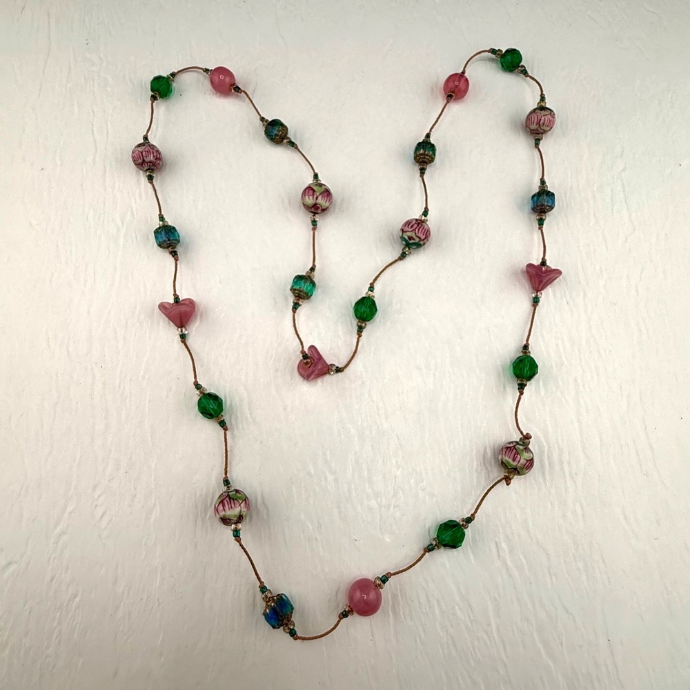 Vintage Estate Necklace Multicolor Beaded Glass Painted Floral 30in